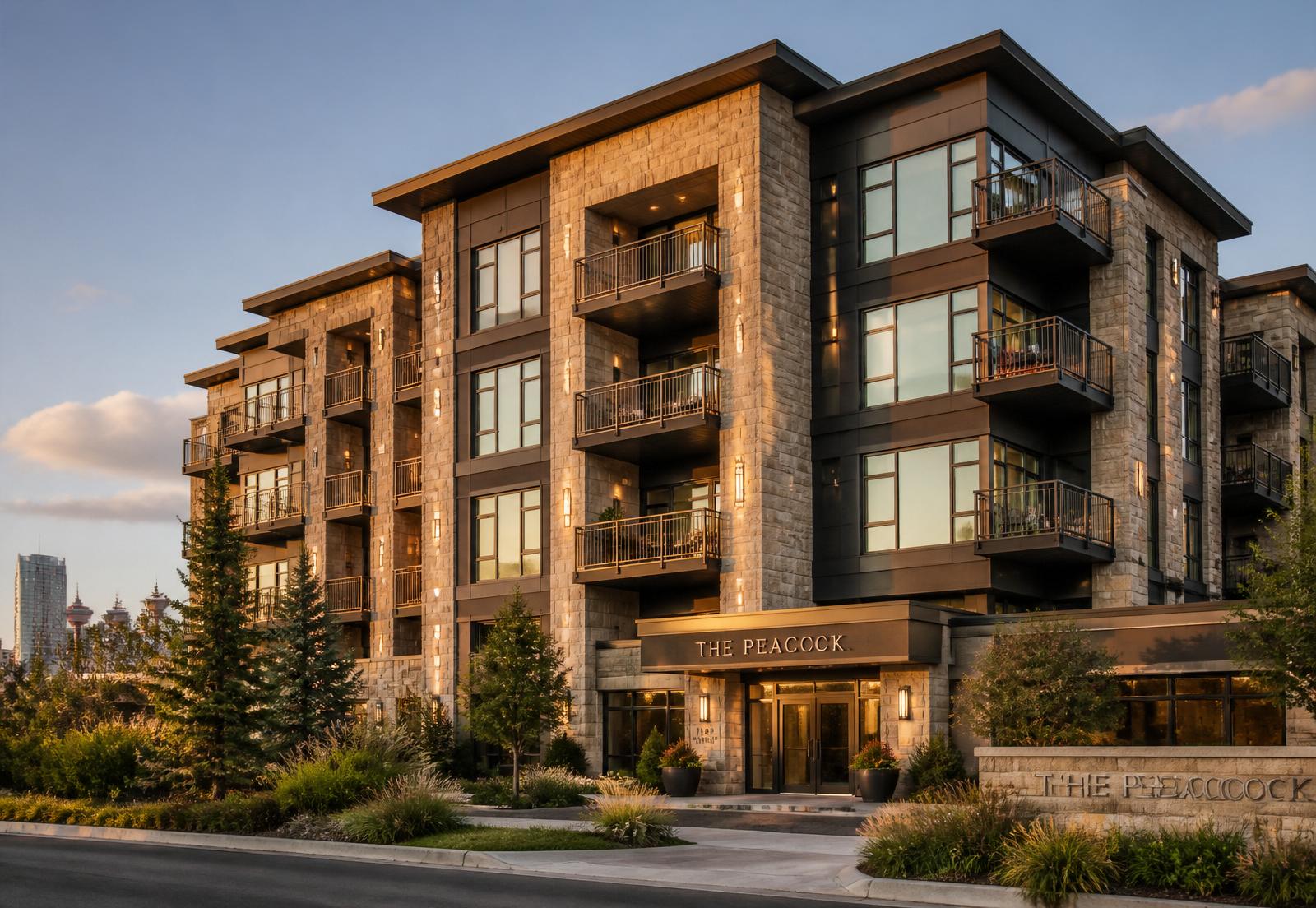 Warm Calgary condominium with stone, balconies, and landscaping